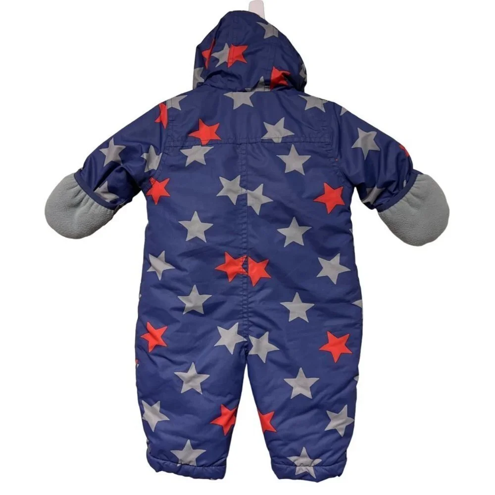 Baby Boden Blue Stars Hooded Bunting Snowsuit Fleece Lining Infant Size 3 - 6 Mo